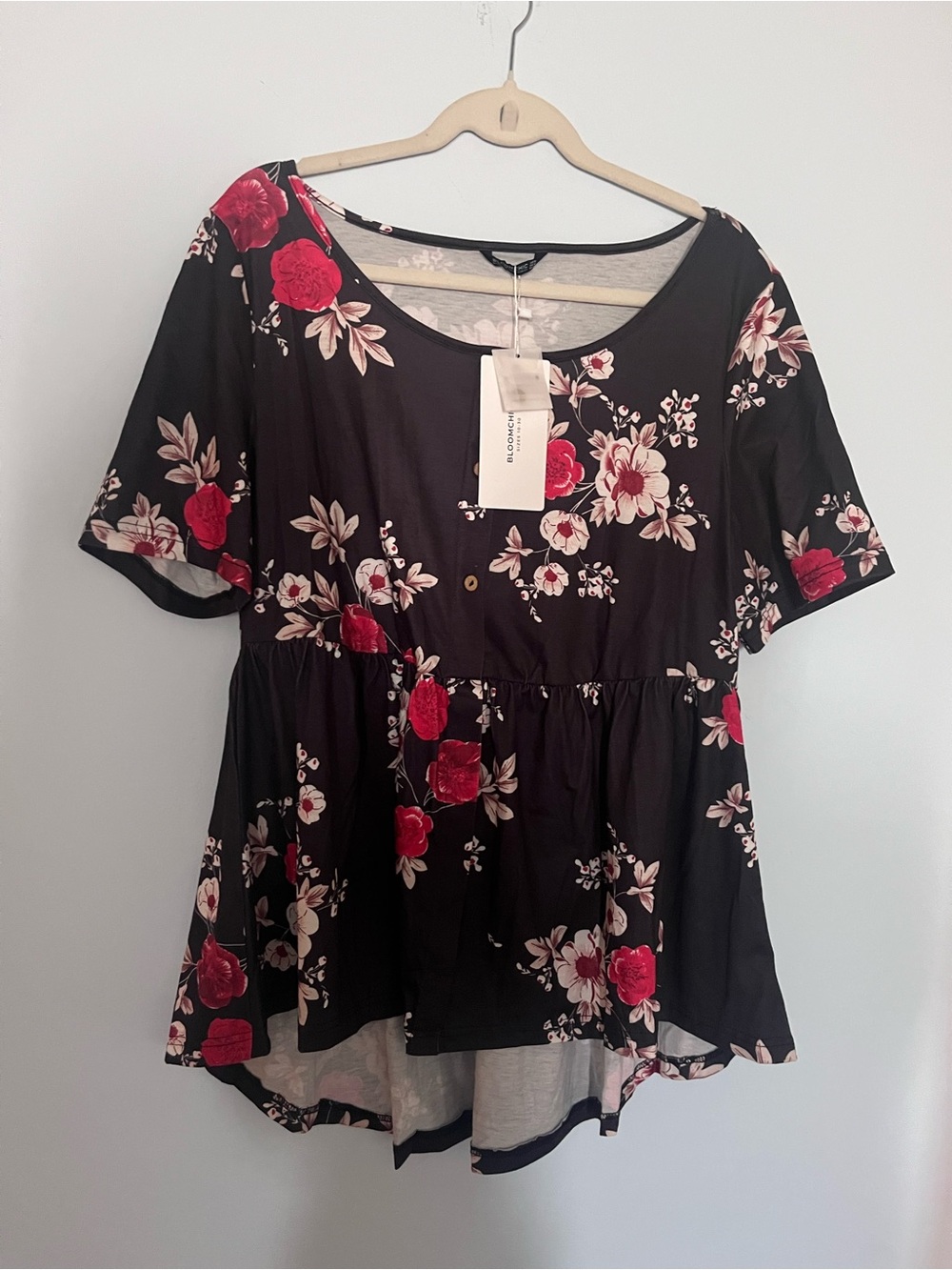 BloomChic Black Peplum Top with Red and Cream Floral Print